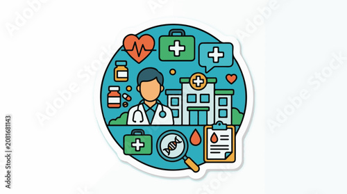 Doctor hospital and medical symbols in a vibrant illustration