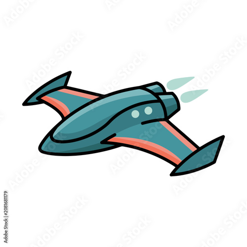 Flat illustration of a teal and coral rocket in side view