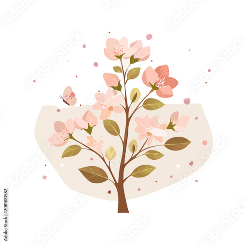 Cherry blossom tree with butterfly flat vector illustration