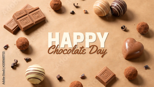 Happy chocolate day greeting card with assorted chocolate bars truffles and sweets arranged in a frame on a warm light brown background for celebration and love gift concept