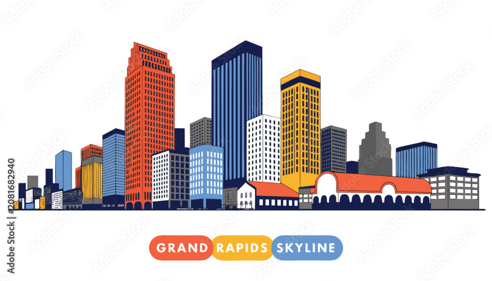 Fototapeta premium Very beautiful realistic vector of the Grand Rapids downtown skyline featuring modern skyscrapers and urban architecture, featuring a colorful label reading 