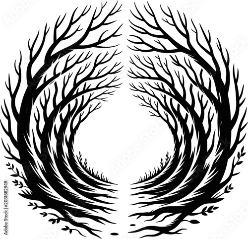 Circular tree tunnel silhouette
