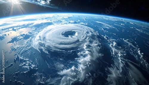 A massive hurricane swirls over the Earth's surface from space