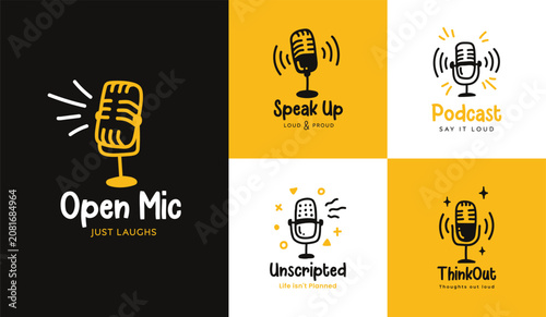 hand drawn podcast show microphone radio icon logo collection