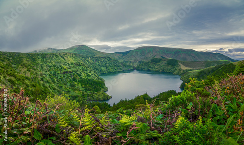 View on Caldera Funda, volcanic crater lake on Flores island of Azores, Portugal.