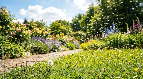 Blooming wildflowers in sunny meadow with green grass and distant trees under blue sky