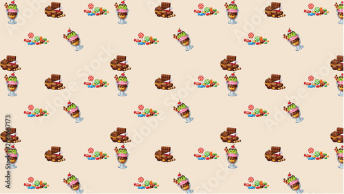 Dessert pattern vector illustration chocolate pieces ice cream sundae candy sweets diagonal grid playful beige background decorative design