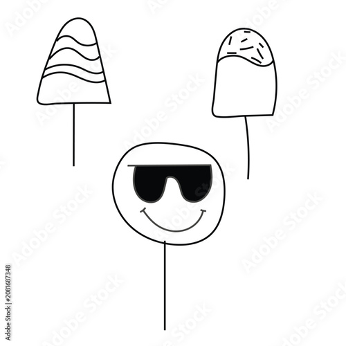 Lollipop vector illustration line art wavy design sprinkle texture sunglasses face cheerful playful minimal candy sweet modern graphic design