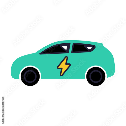 Flat illustration of an electric car with lightning symbol