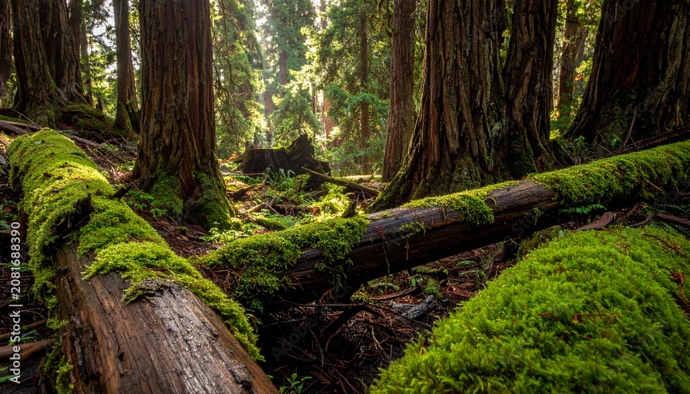 Fototapeta premium Moss covered ancient stone wall in dense forest.