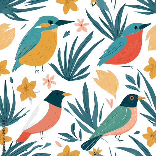 Colorful Tropical Birds and Flowers Seamless Pattern