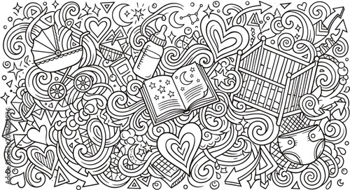 Schilderij op canvas Nursery bedtime and baby care hand drawn doodle art with handdrawn carriage slee