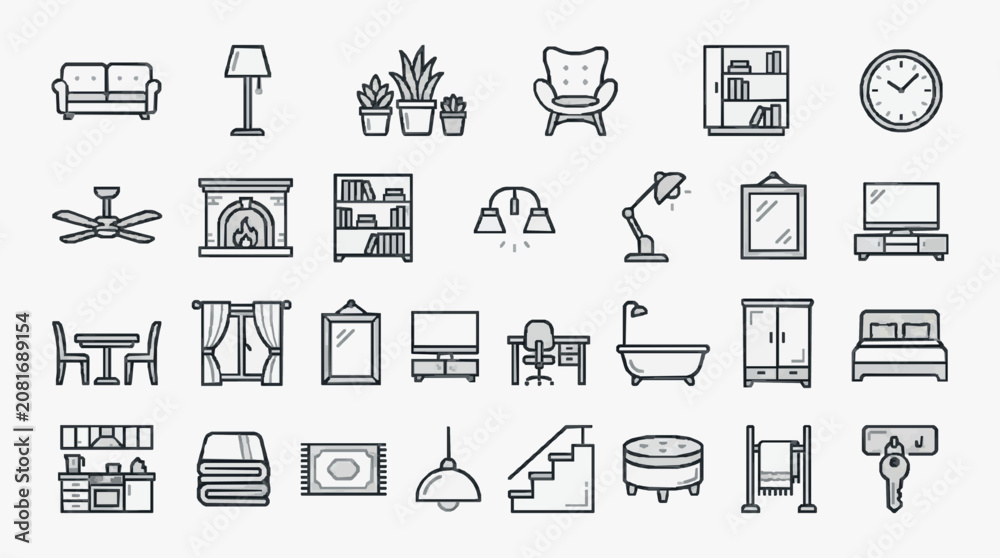Fototapeta premium Minimalist Black and White Line Drawing Icons Set of Home and Office Furniture Decor and Appliances