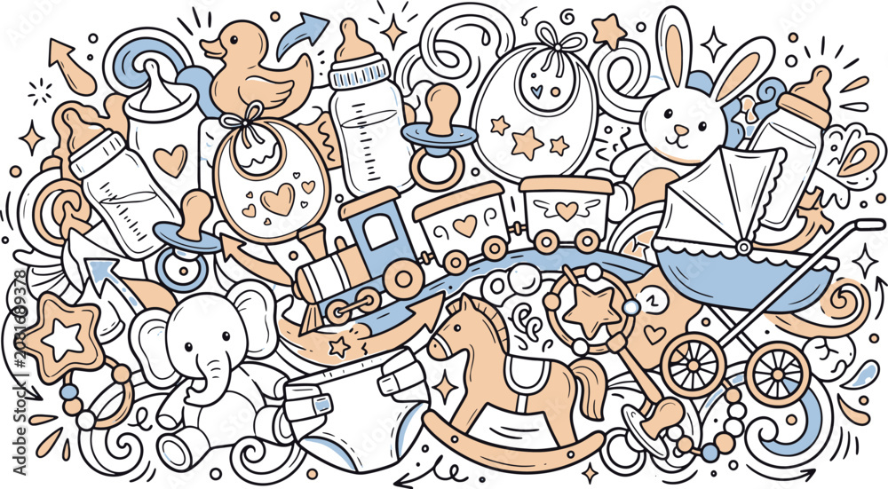 Obraz premium Baby toys and nursery essentials hand drawn doodle seamless pattern with illustration stroller pacifier elephant handdrawn background wallpaper childhood creative colorful elements