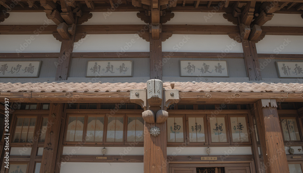 Fototapeta premium Traditional wooden architecture of an ancient temple building with ornate beams