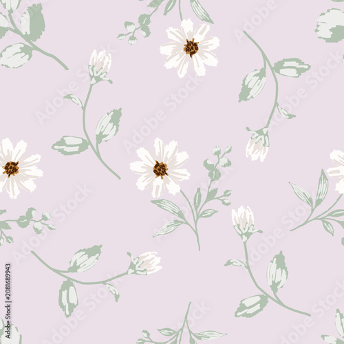 Daisy seamless floral pattern with delicate wildflowers, botanical meadow blossoms on soft pastel background, elegant vintage textile print for fabric, wallpaper and wrapping paper.