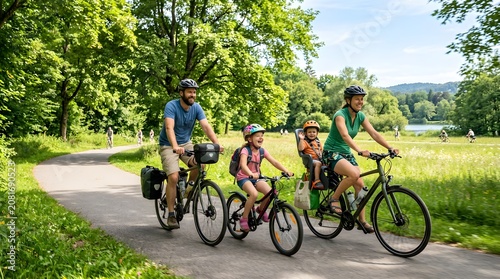 Family cycling, bike ride, outdoor fun, recreational activity, green landscape