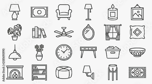 Professional Black and White Line Icons Set of Modern Minimalist Home and Living Room Decor Elements