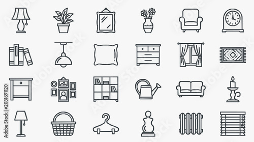 Minimalist Black and White Line Drawing Icons Set of Home and Living Room Decor Items Furniture and Accessories