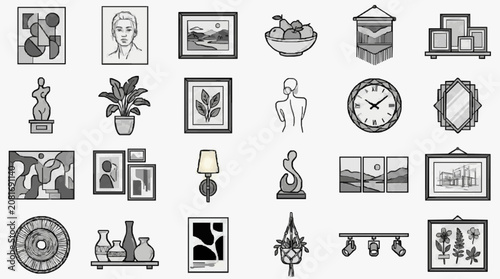 Sleek Minimalist Black and White Line Art Collection of Modern Decor Art Prints Sculptures and Household Items