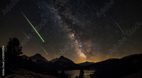 Milky Way galaxy and meteor shower over mountain lake at night.