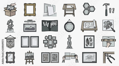 Sleek Collection of Minimalist Art and Decoration Tools Frames and Crafting Icons in Monochrome and Earthy Tones