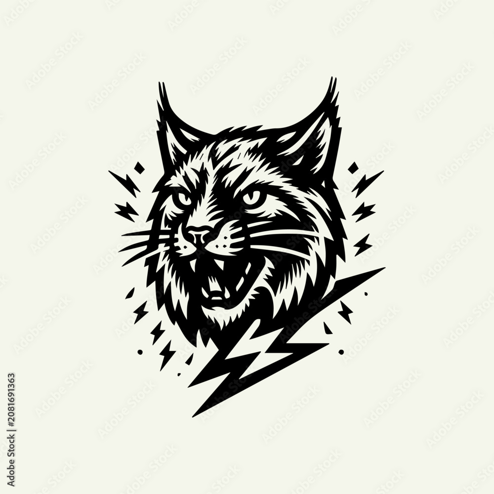Obraz premium Stylized black and white illustration of a fierce lynx head with lightning bolts.