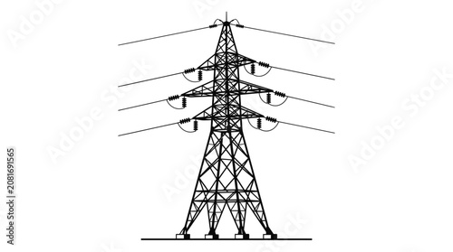 Electrical transmission tower with power lines on white background
