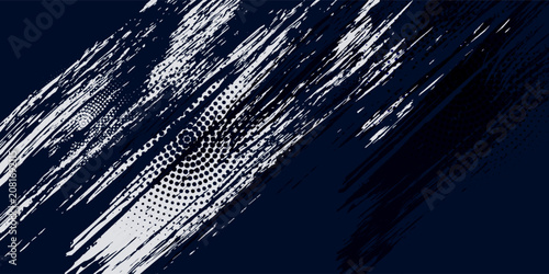 Foto White brush strokes on a navy blue background illustration with a halftone effec