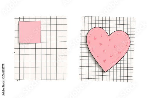 Set of cute blank grid paper labels and folded heart with hand drawn pink doodle outlines isolated on transparent background, Clipart png