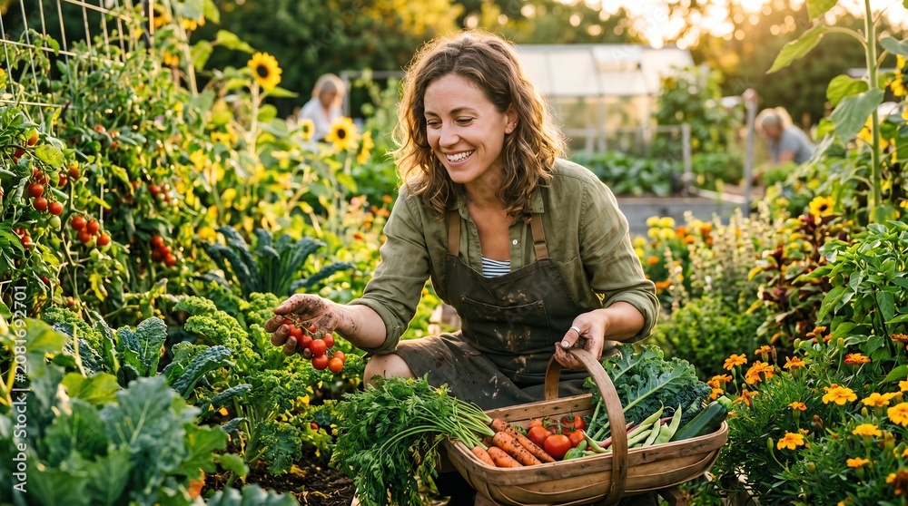Fototapeta premium Woman harvesting fresh vegetables in a community garden at sunset with tomatoes