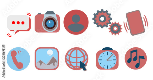 Modern flat icon set for web and UI design. Features communication, camera, profile, settings, phone, gallery, web, clock, and music vector icons in a stylish red and blue color palette.