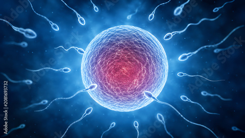 Digital illustration of sperm cells approaching an egg, representing fertility and biological reproduction in a vibrant microscopic view.
