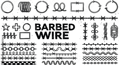 Tableau sur toile Hand Drawn Barbed Wire Brush and Element Vector Set Featuring Rusty Security Bor