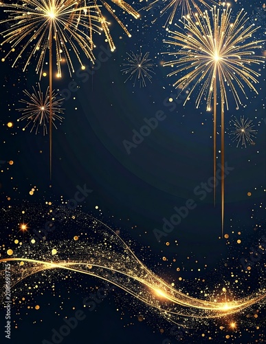 Golden Fireworks Celebration Background on Elegant Dark Blue Night Sky with Sparkling Glitter Waves