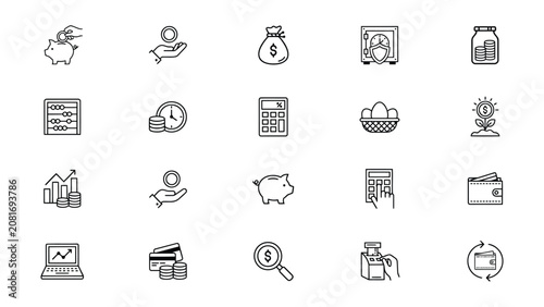 Fotografie Black and white line icons of various finance and business concepts such as savi