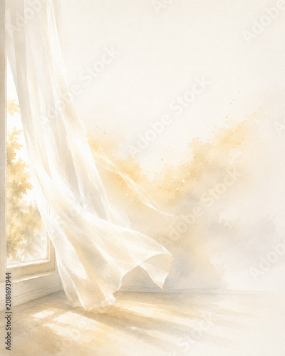 Whispers of the Holy Spirit – Symbolic Collection  Gentle Wind Through a Curtain, Minimalist Watercolor Illustration