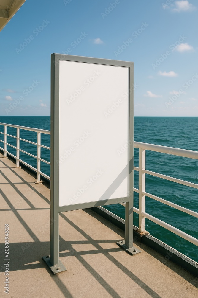 Fototapeta premium Blank billboard by ocean pier.