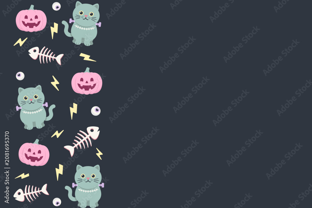 Fototapeta premium Pastel goth Halloween British Shorthair stitched monster cat and eyeballs creating a vertical side border template with empty space.