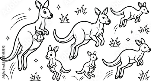Photos Kangaroo Coloring Page Vector Set Featuring Hopping Adult Marsupials, Cute Joeys