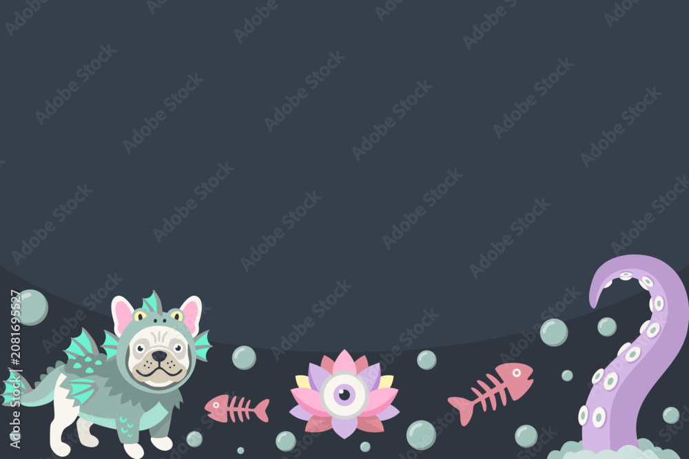 Fototapeta premium Halloween pastel goth swamp monster French Bulldog and bubbles forming a horizontal bottom footer template with dark text space.
