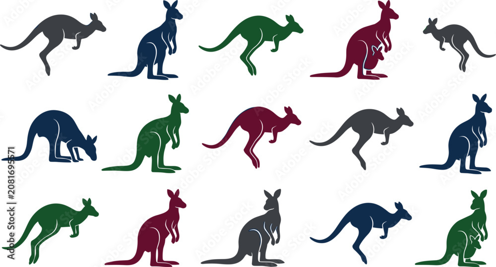 Obraz premium Kangaroo Silhouette Vector Set Featuring Various Jumping Standing Poses Mother with Joey in Pouch and Color Variations