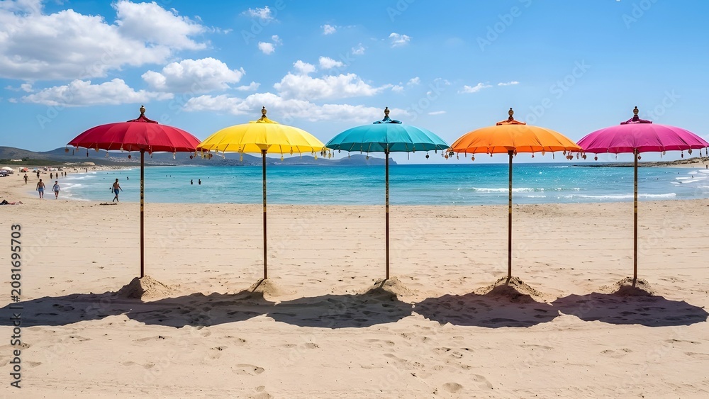Fototapeta premium Five bright umbrellas stand in a row on a sandy beach with the sun shining overhead
