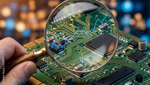 Magnifying glass over a circuit board reflects a blue graph with red data charts and bokeh lights in the background symbolizing data analysis