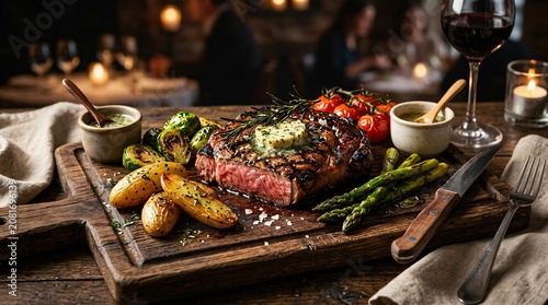 Serving a perfectly grilled beef steak with roasted vegetables on a wooden board