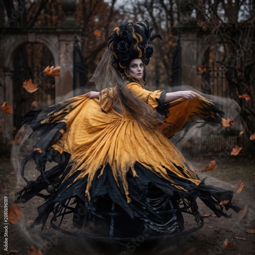 Dramatic woman in yellow and black gothic baroque gown with dramatic feathered updo dancing amid swirling dark fabric and falling leaves at moody atmospheric ruined stone arch backdrop