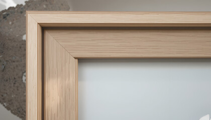 Close up of a wooden picture frame corner mounted on a textured grey wall surface