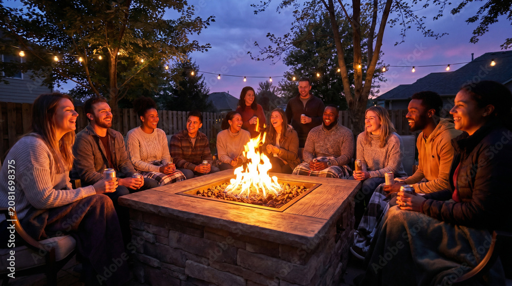 Fototapeta premium Diverse Group of Friends Gathered Around Fire Pit at Dusk