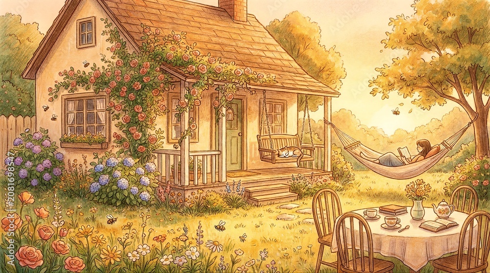 Fototapeta premium Relaxing Cottage in Garden tranquil scene cottage thatched roof vibrant flowers lush greenery