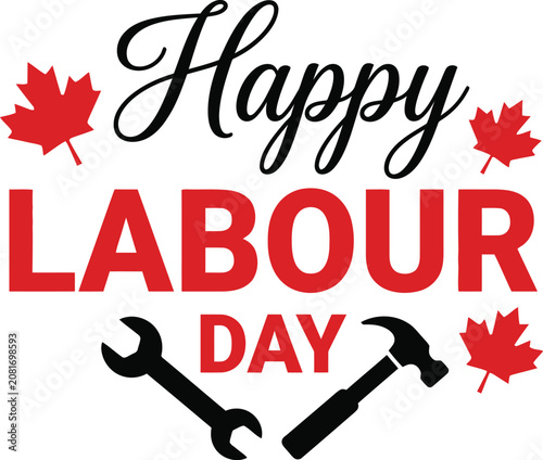 Happy labour day canada graphic with wrenches and maple leaves